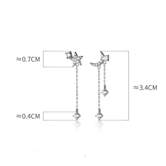 Asymmetry Moon Crescent Star Tassel Drop Stud Small Dangle Earrings - SS068 - Picture 8 of 8